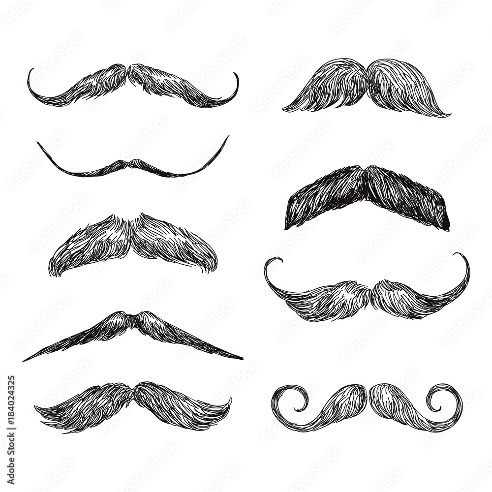 Set of realistic hand drawn vector mustache in black and white illustration