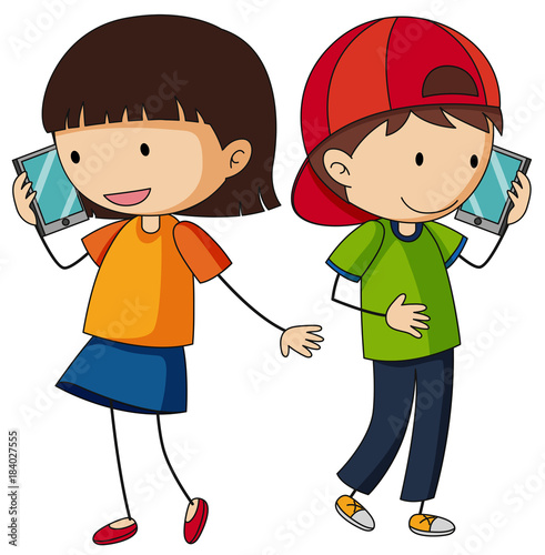 Boy and girl talking on cellphone