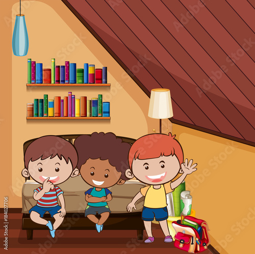 Three happy kids in bedroom