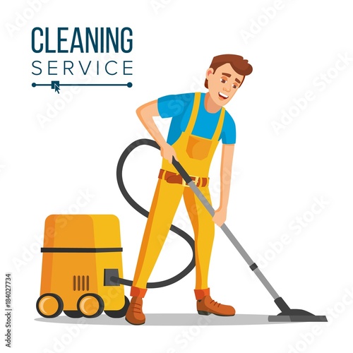 Office Cleaner Vector. Work Wiping, Dusting, Vacuuming Floor Carpets. Sanitation And Cleaner Washing. Isolated Flat Cartoon Character Illustration