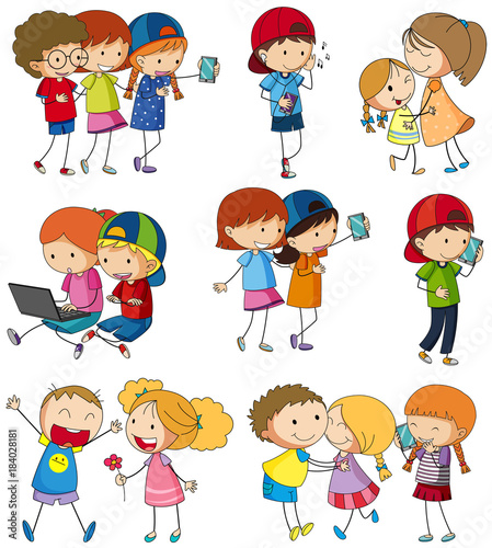 Many kids using computer and cellphone