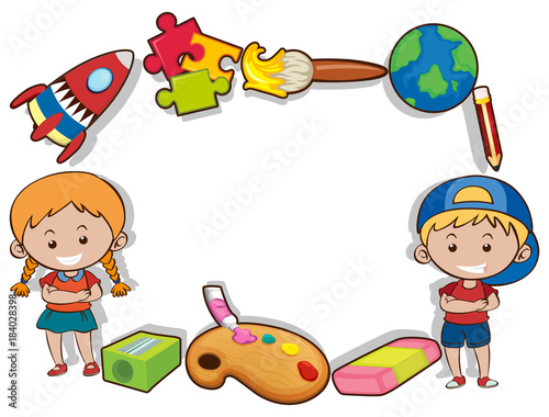 Border design with happy kids and toys