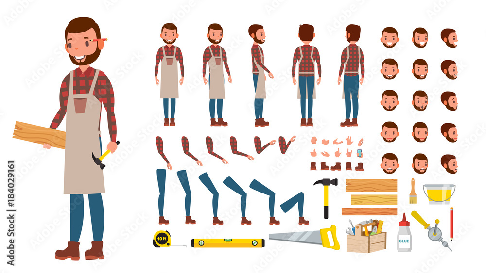 Carpenter Vector. Animated Professional Character Creation Set. Workshop, Wood Work Tool. Full Length, Front, Side, Back View, Accessories, Poses, Emotions, Gestures. Flat Cartoon Illustration