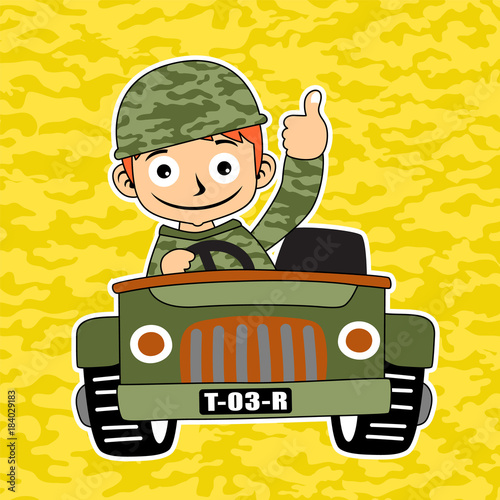 soldier cartoon on military car