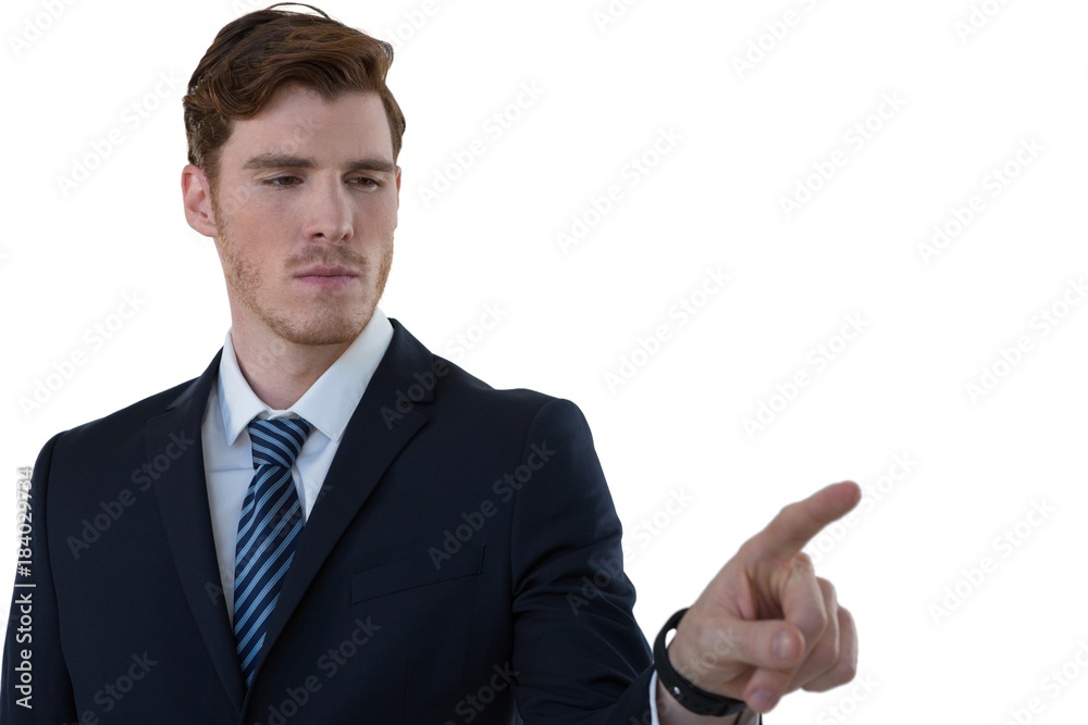 Businessman pretending to use an invisible screen Businessman pretending to use an invisible screen