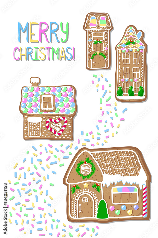 Naklejka premium Christmas postcard with gingerbread houses. Merry Christmas handdrawn vector postcard.
