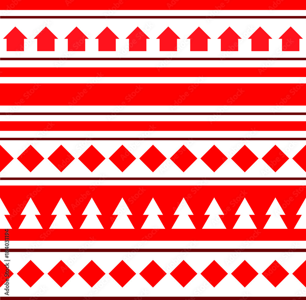 Red geometric christmas seamless pattern. Houses and firs