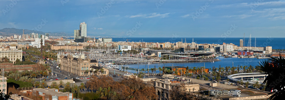 Panorama of Port Vell at sunset, Barcelona, Spain