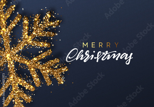 Christmas background with Shining gold Snowflakes. Lettering Merry Christmas card vector Illustration.