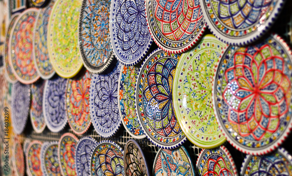 The colorful dishes in the oriental markets