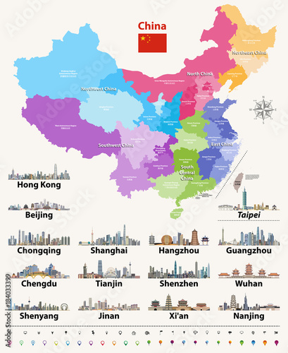 China provinces colored by regions vector map