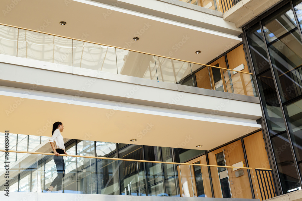 Fototapeta premium Elegant businesswoman walking inside building