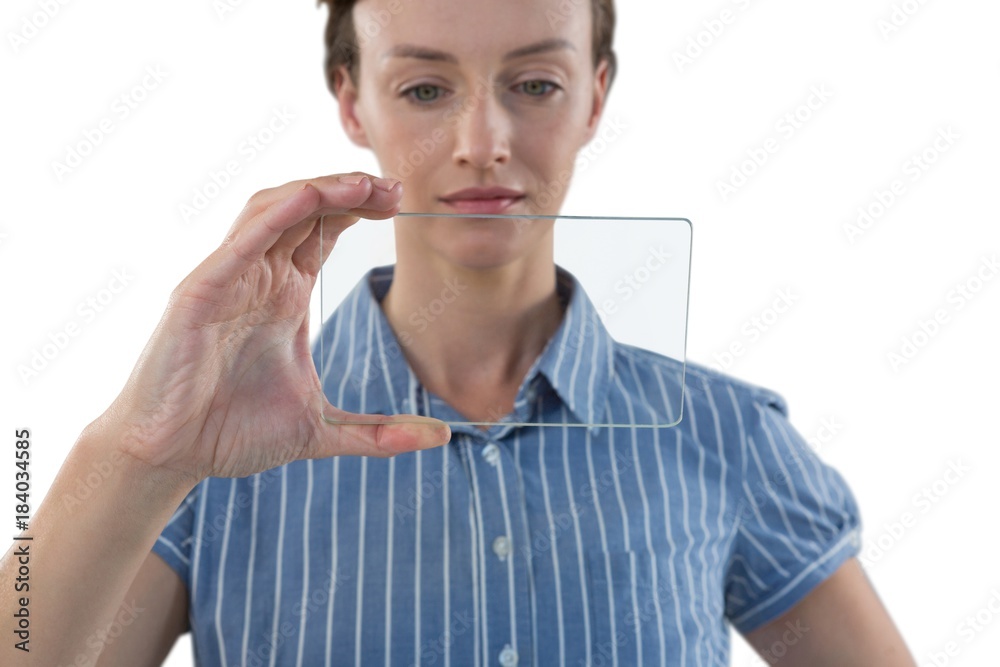 Female executive using glass digital tablet 4k Female executive using glass digital tablet 4k