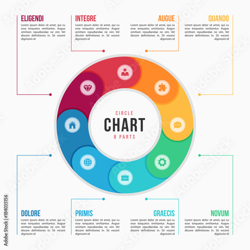 Circle chart infographic template with 8 parts, processes, steps