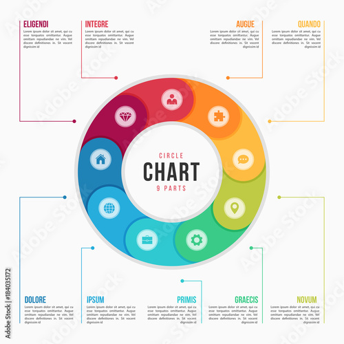 Circle chart infographic template with 9 parts, processes, steps