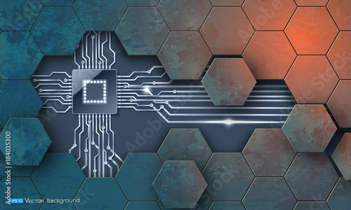 Microchip and grunge hexagons texture