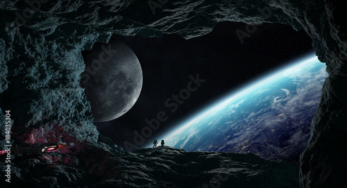 Fototapeta Naklejka Na Ścianę i Meble -  Astronauts exploring a cave in asteroid 3D rendering elements of this image furnished by NASA