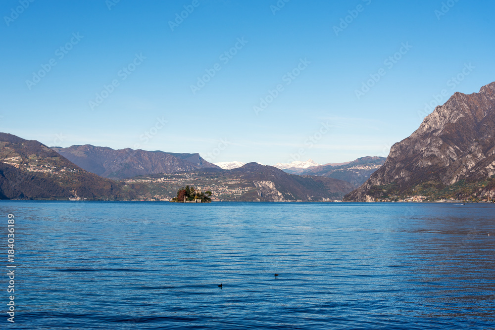Lake Iseo and Isola di Loreto, Lombardy, Italy.