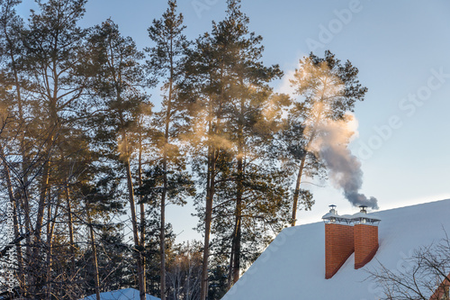 Smoke from the chimney in winter