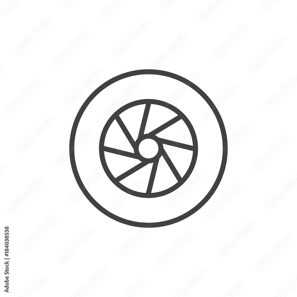 Camera photo lens shutter line icon, outline vector sign, linear style pictogram isolated on white. Aperture symbol, logo illustration. Editable stroke
