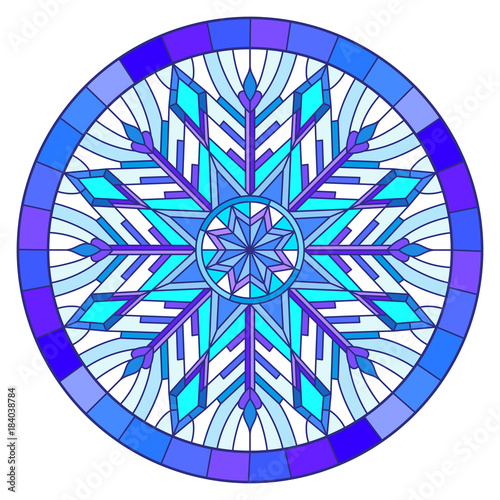 Illustration in stained glass style with snowflake in blue colors in a frame ,round image