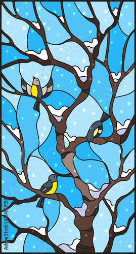 Illustration in stained glass style with bullfinches on titmouses of a birch tree against the sky and snow