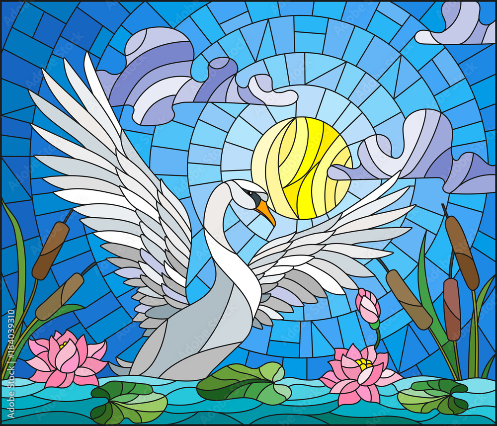 Obraz premium Illustration in stained glass style with Swan , Lotus flowers and reeds on a pond in the sun, sky and clouds
