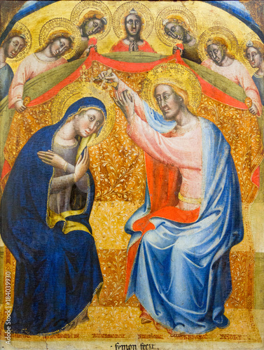 Pavia, Italy. 2017/11/11. Painting of the Coronation of the Virgin Mary. XIV century, 1390s. By Simone di Filippo, called "de' Crocifissi". Currently in the Castello Visconteo (Visconteo castle).