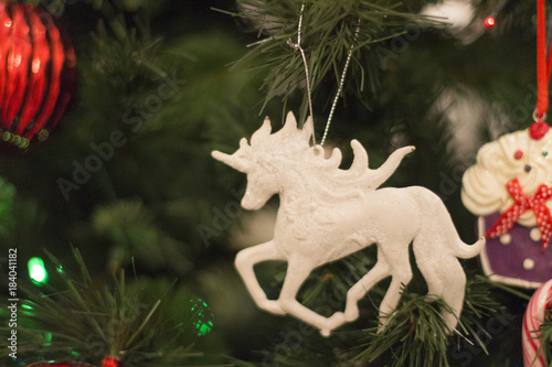 Christmas decorations on a pine tree photo