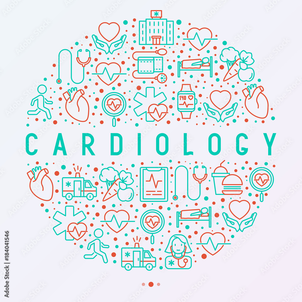 Cardiology concept in circle with thin line icons set: cardiologist, stethoscope, hospital, pulsometer, cardiogram, heartbeat. Modern vector illustration for banner, web page, print media.