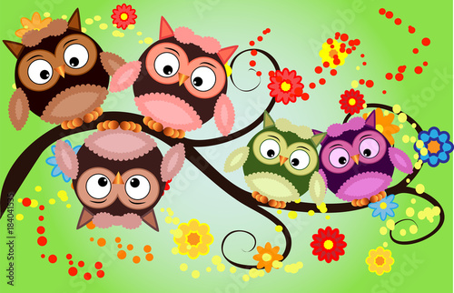 Bright cute cartoon owls sit on the flowering branches of fantastic trees