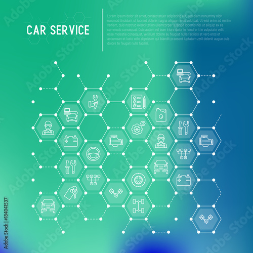 Car service concept in honeycombs with thin line icons of mechanic, computer diagnostics, tools, wheel, battery, transmission, jack. Modern vector illustration for web page.