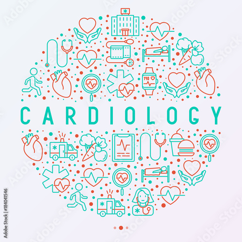 Cardiology concept in circle with thin line icons set: cardiologist, stethoscope, hospital, pulsometer, cardiogram, heartbeat. Modern vector illustration for banner, web page, print media.