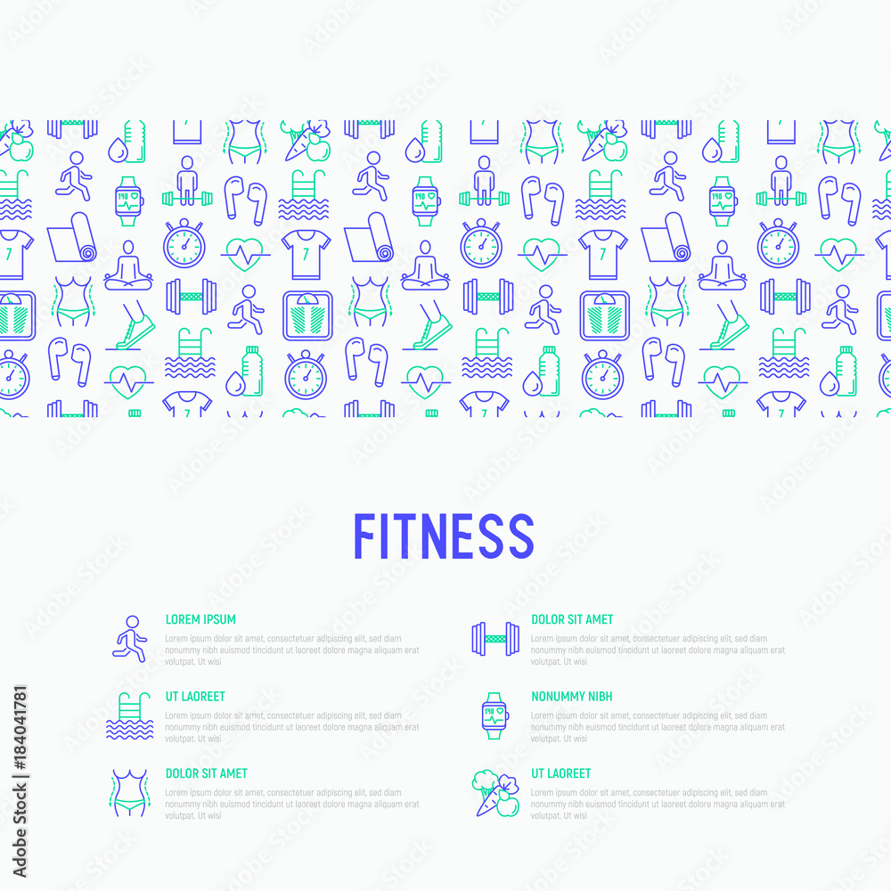 Fitness concept with thin line icons of running, dumbbell, waist, healthy food, swimming pool, pulse, wireless earphones, sportswear, yoga. Modern vector illustration for web page. Fitness concept with thin line icons of running, dumbbell, waist, healthy food, swimming pool, pulse, wireless earphones, sportswear, yoga. Modern vector illustration for web page.