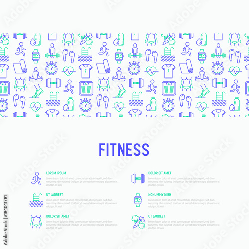 Fitness concept with thin line icons of running, dumbbell, waist, healthy food, swimming pool, pulse, wireless earphones, sportswear, yoga. Modern vector illustration for web page.