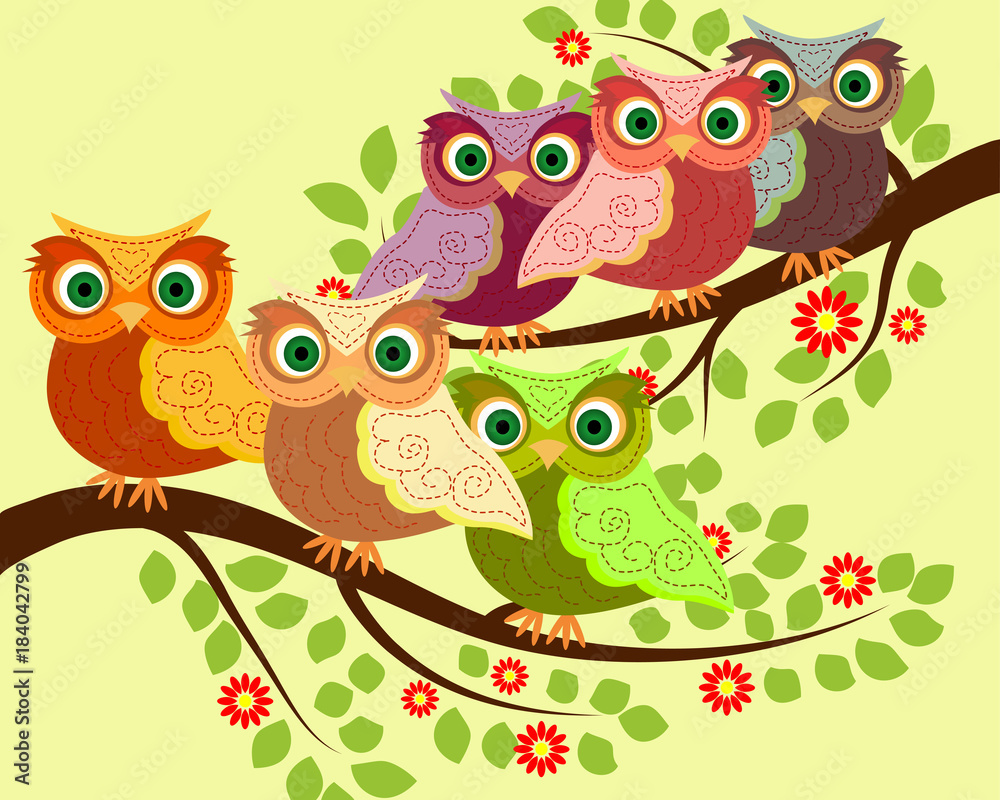 Obraz premium Bright cute cartoon owls sit on the flowering branches of fantastic trees