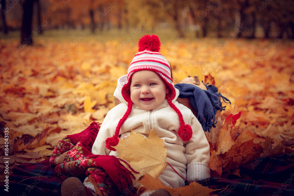 Little attractive baby playing in autumn park.