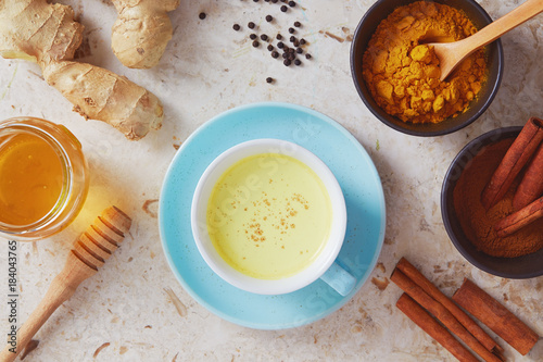 Delicious detox drink made of turmeric, ginger, milk, honey and cinnamon.