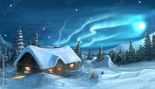 Digital Painting of Snowy Winter Christmas Night Cottage