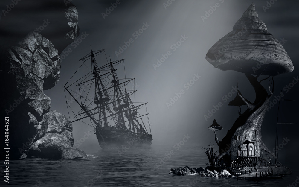 Foggy landscape and shipwreck - obrazy, fototapety, plakaty 