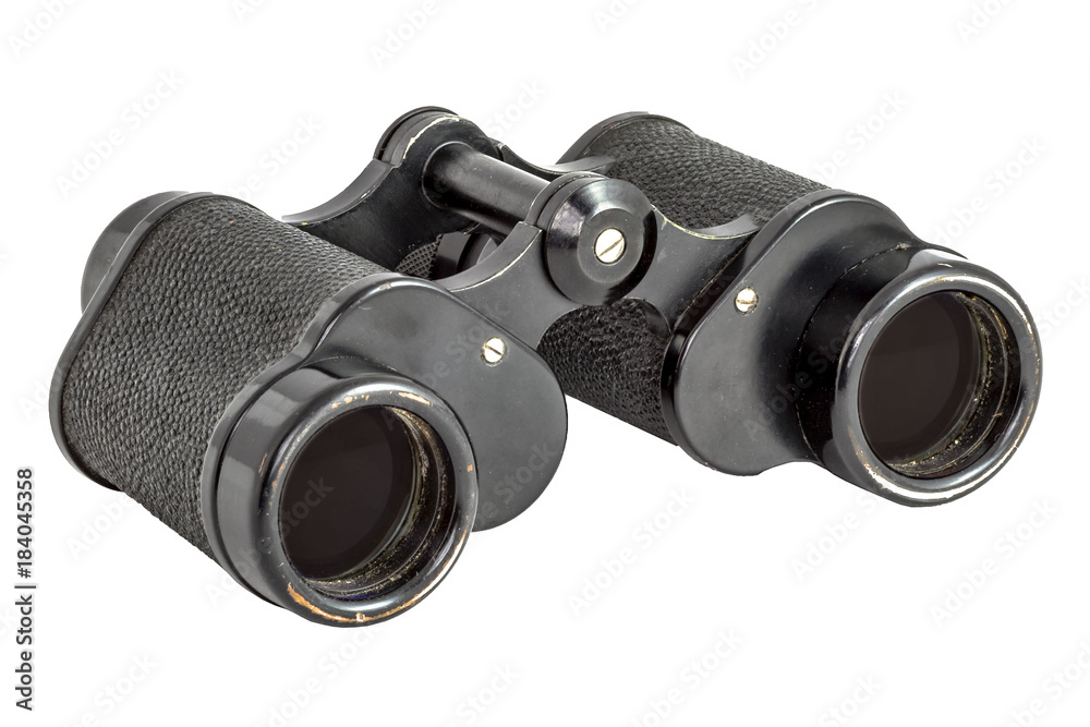 Old binoculars on a white background Old binoculars on a white background