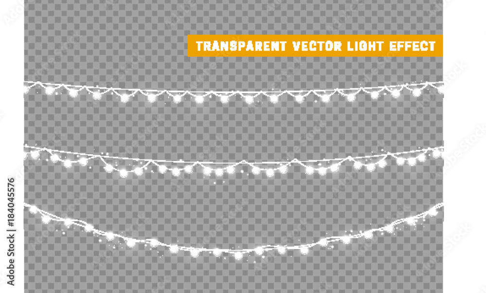 Christmas lights isolated realistic design elements. Xmas glowing lights. Garlands, Christmas decorations.