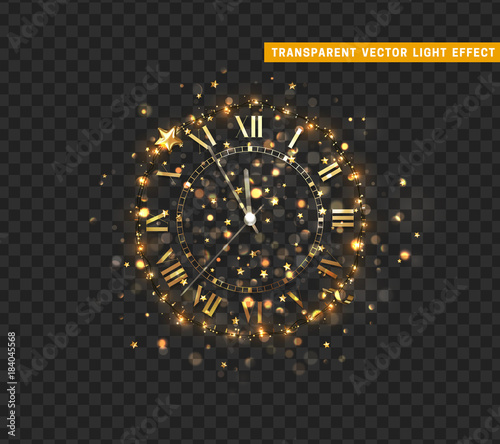 New Year shiny gold clock, five minutes to midnight. Merry Christmas. Xmas holiday. Glowing background with bright lights and sparkle bokeh. Vector illustration design with transparency effect