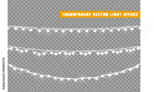 Christmas lights isolated realistic design elements. Xmas glowing lights. Garlands, Christmas decorations.