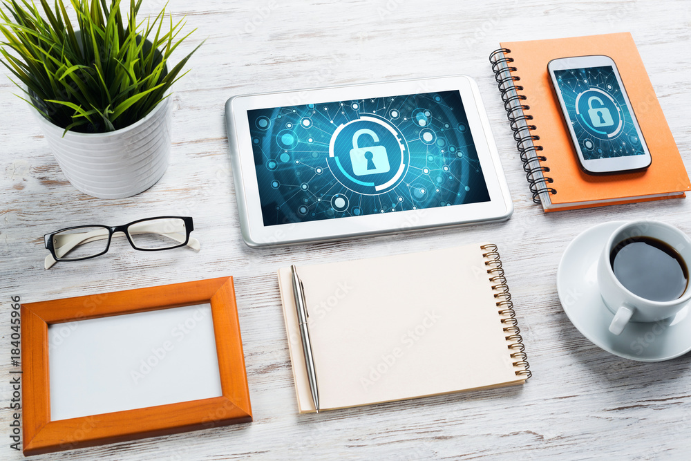 Web security and technology concept with tablet pc on wooden table Web security and technology concept with tablet pc on wooden table
