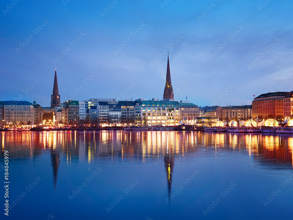 Alster Lake and night panorama of Hamburg city