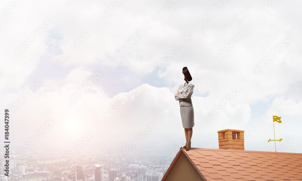 Concept of home security and privacy protection with camera headed woman Concept of home security and privacy protection with camera headed woman
