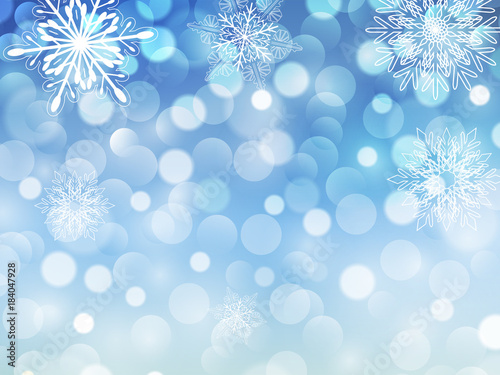 New year background blue glitering bokeh lights and snowflakes, 