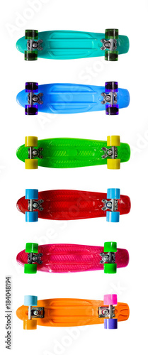 Set of colorful skateboards isolated on white background