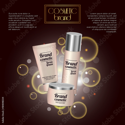 3D realistic cosmetic bottle ads template. Cosmetic brand advertising concept design with bubbles and sparkles